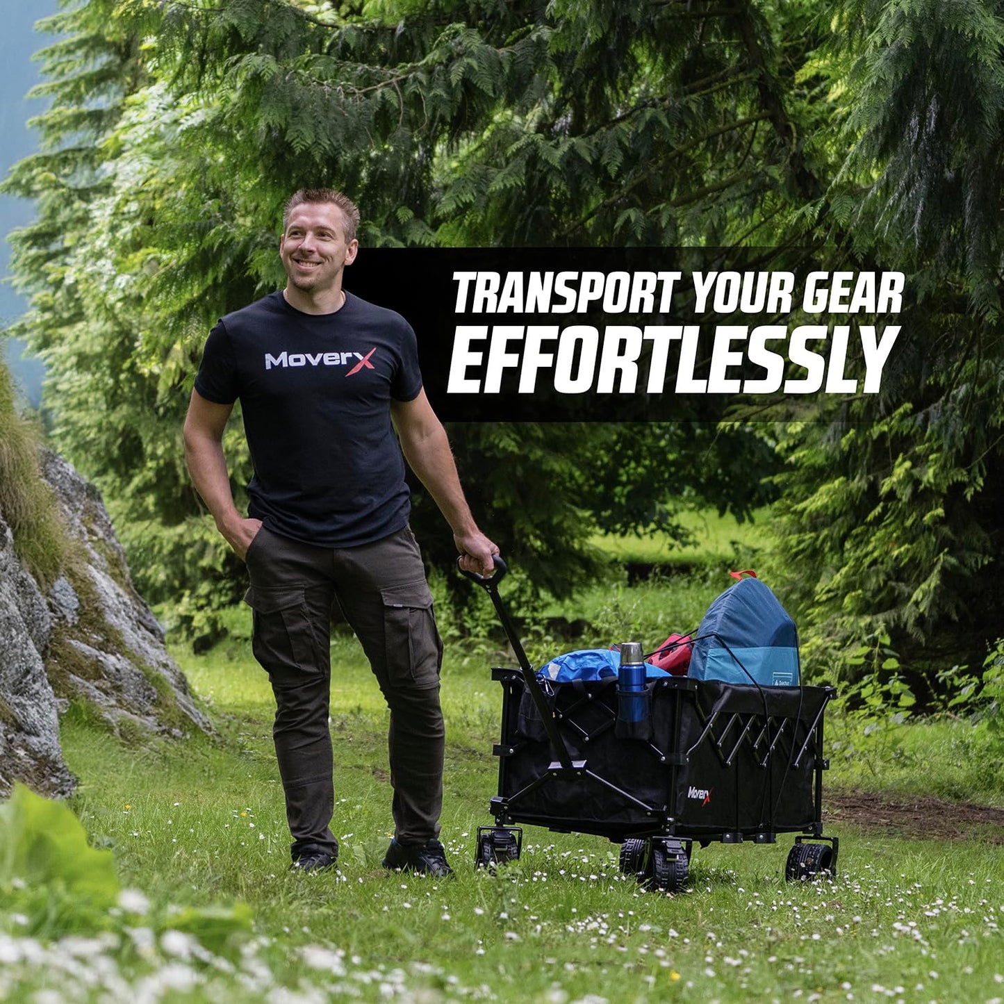 MoverX 200L Festival Trolley on Wheels, Folding Wagon, Portable Camping Cart, Collapsible Foldable Trolly for Beach Outdoor Garden Picnic Shopping Fishing, Wide Wheels, Adjustable Handle, Black