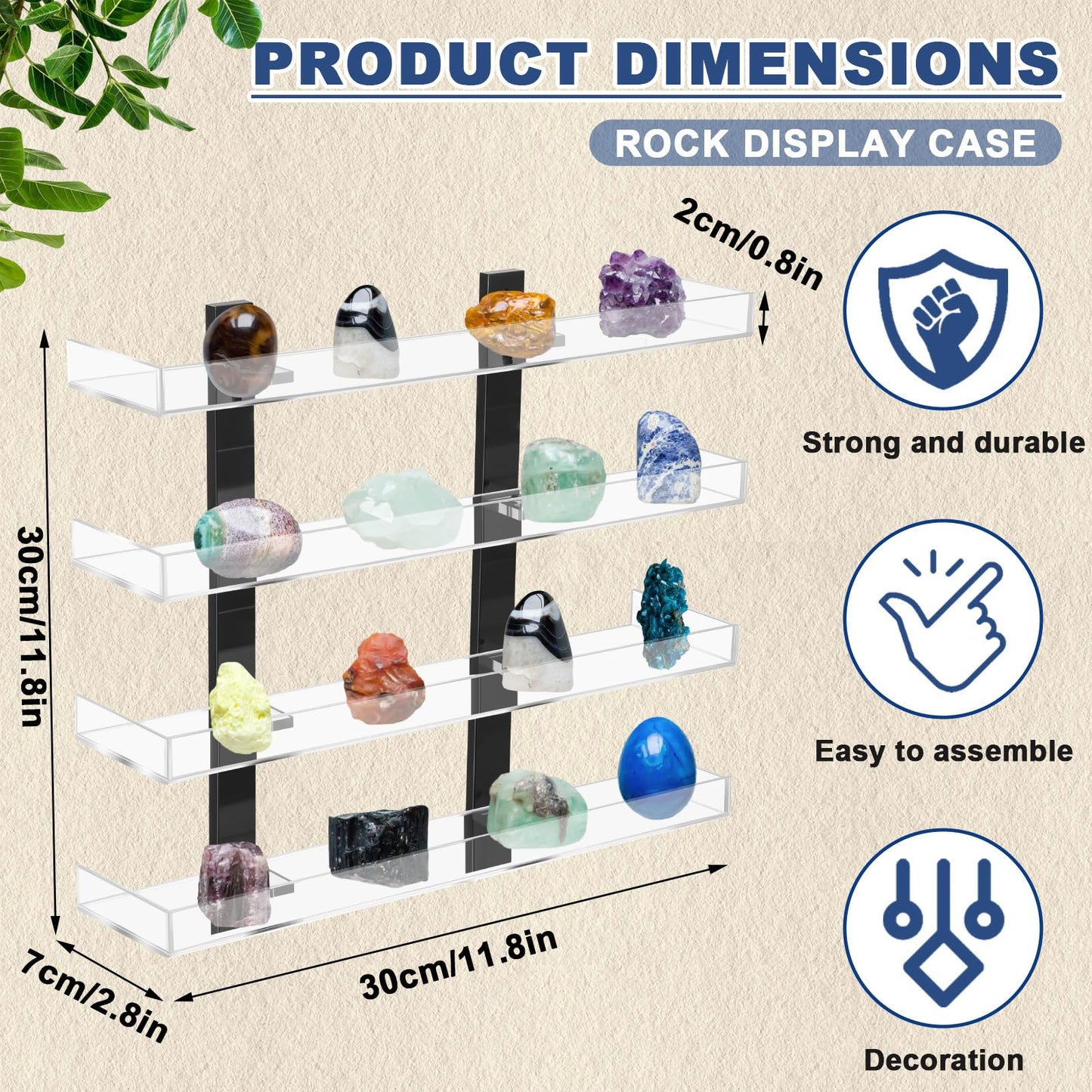 Novabright 4 Layer Acrylic Clear Rock Display Shelves for Wall Floating Shelves Organizer for Stone Collection 11.8" Rock Display for Stone Minerals Gemstones Crafts Figure Perfume for Living Room