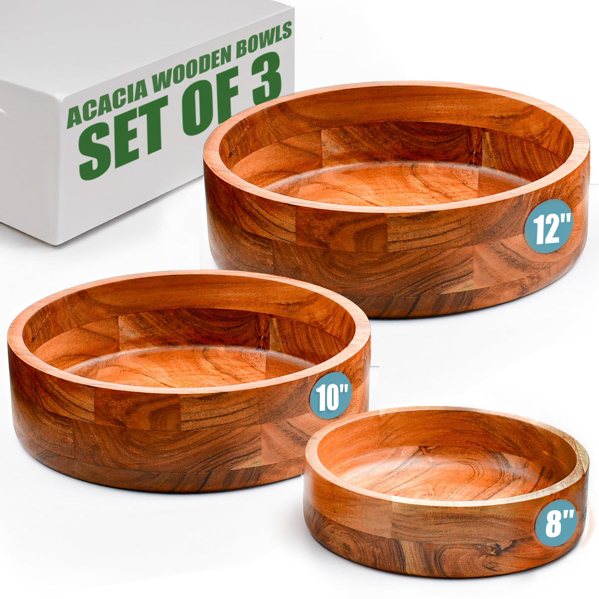 Wooden Acacia Round Bowl Set of 3 (12″,10″,8″), Wooden Salad Bowls-Multi-Purpose, Kitchen, Dining, Serving Food, Salads, Fruits - Handmade, Decorative, Rustic, Eco-Friendly, Food-Safe, Wood Serveware