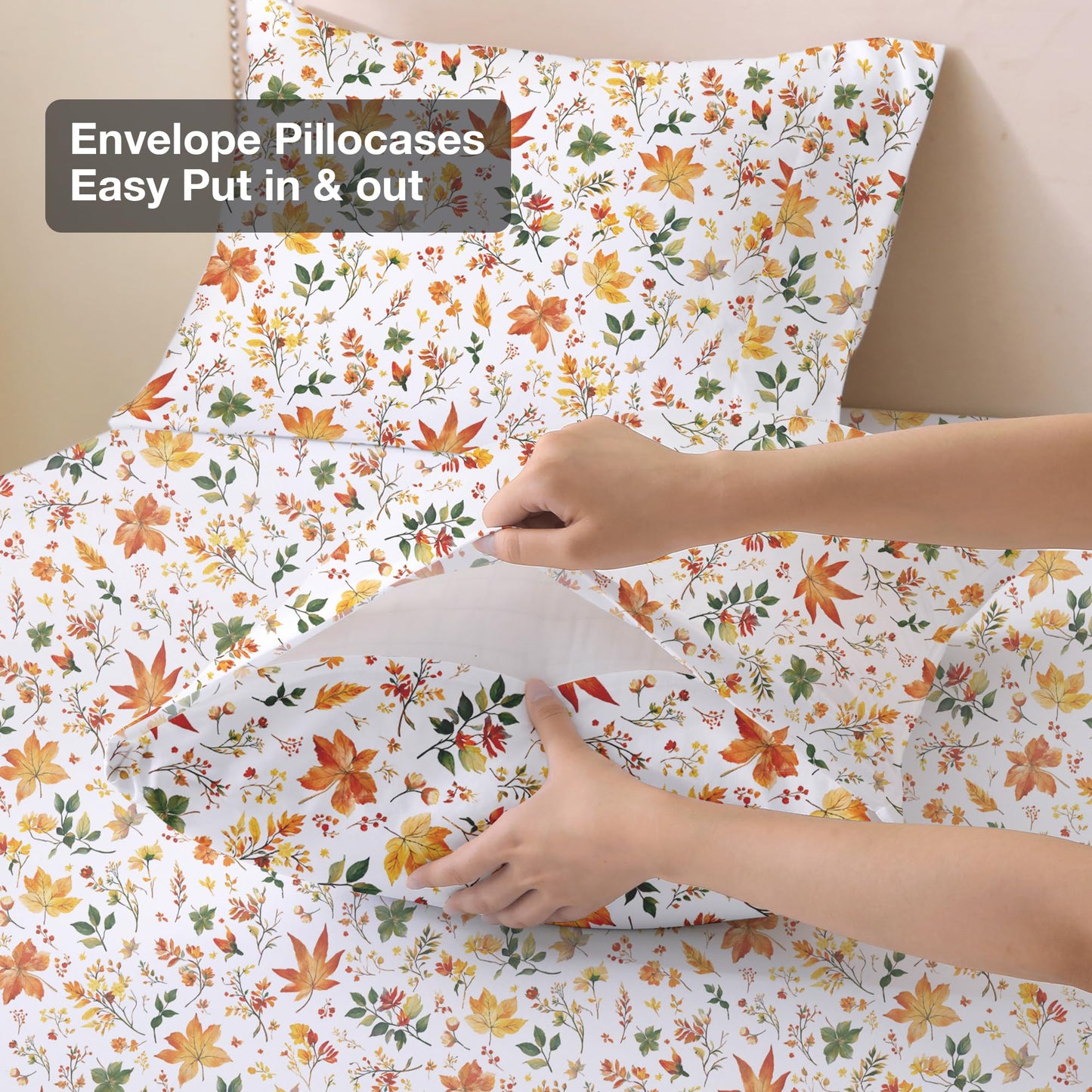 Viviland Floral Twin Sheet Set - 3 Piece Vintage Orange Maple Leaves Patterned Bed Sheets - Soft, Breathable Microfiber Sheets with Deep Pocket, Non-Slip Fitted Sheets & Pillowcases