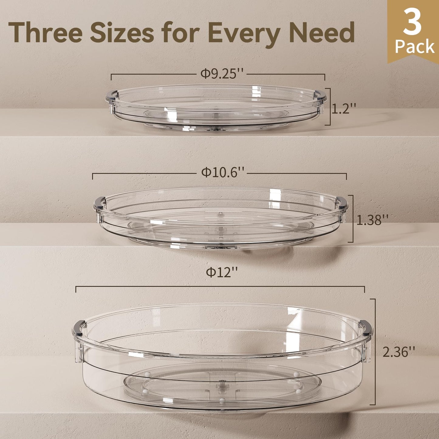 LAMU 3 Pack Lazy Susan Organizer Turntable for Cabinet, Pantry Organizers and Storage, Rotating Condiment Organizer for Kitchen, Table Top, Fridge, Countertop, Spice Organization, 9.25'' 10.6'' 12''