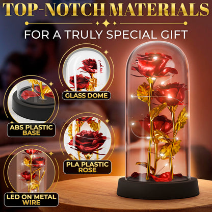 Kotko LED Light Up Rose in Glass Dome in Gift Box for Mom & Grandma, Birthday Gifts for Women, Romantic Forever Flowers — Lighted Rose Lamp, Battery Powered Home Decor (Red)