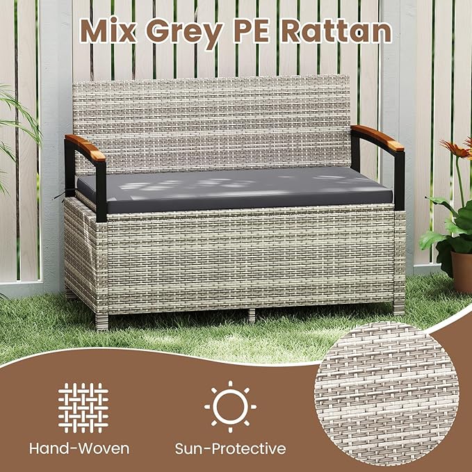 RELAX4LIFE Wicker Outdoor Storage Bench, Rattan Deck Box w/Protective Liner for Patio Furniture Pillows & Garden Tools, Porch Loveseat with Seat Cushion, Acacia Wood Armrests (Grey)