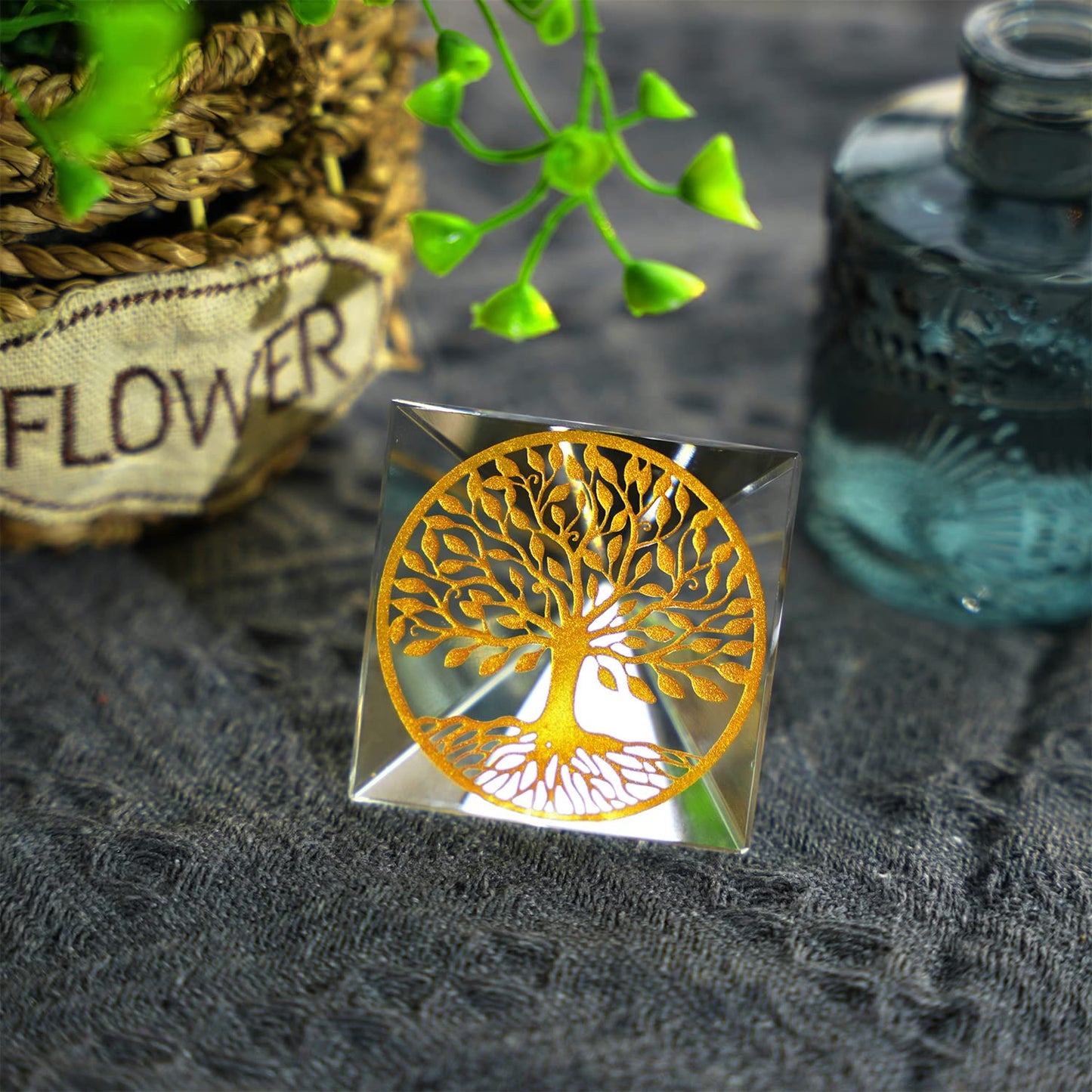 Tree of Life Crystal Pyramid Paperweight,60MM Clear Glass Pyramid Desk Ornament Feng Shui Crafts Meditation Crystal for Home Office Art Decor, Collectible Paperweight and Photography