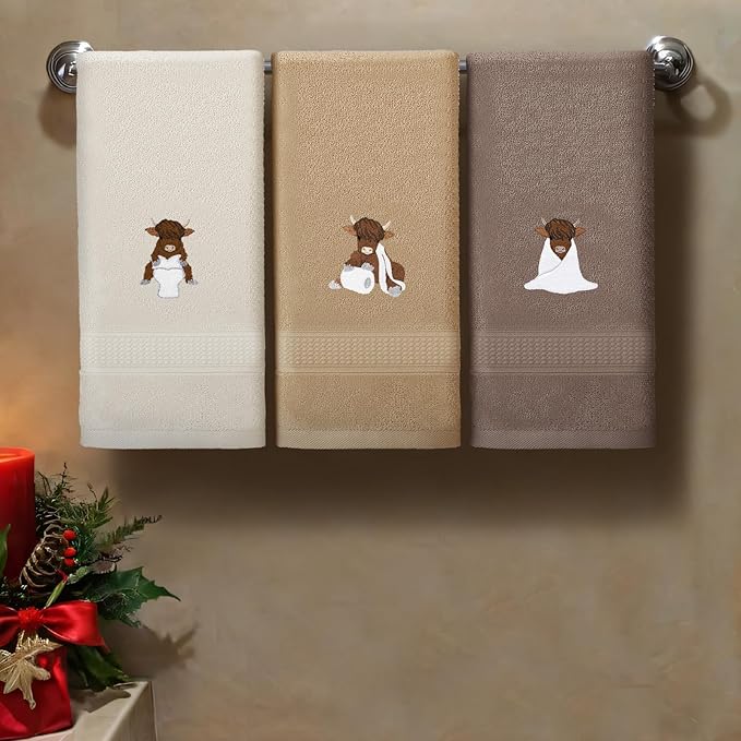 3 Pcs Highland Cow Hand Towels Embroidered Cow Farmhouse Decorative Bath Towels