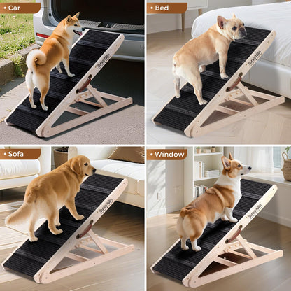 Dog Ramp for Bed - Foldable Small to Large Dog Ramp for Couch - 6 Adjustable Height from 30.5 to 61cm - Stairs with High Traction Mat - Wooden Portable Ramp for Dogs to Get on Bed Couch Car Up to 90kg