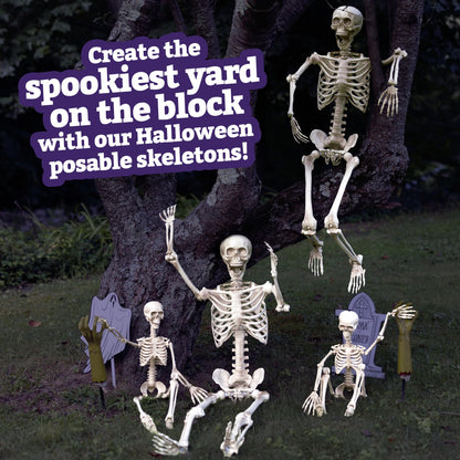 Posable Life Size Human Skeleton Family 4pk- 2 Adult (5'4") & 2 Children (2')- Halloween Prop Indoor Outdoor Decorations w Bending Articulated Bones