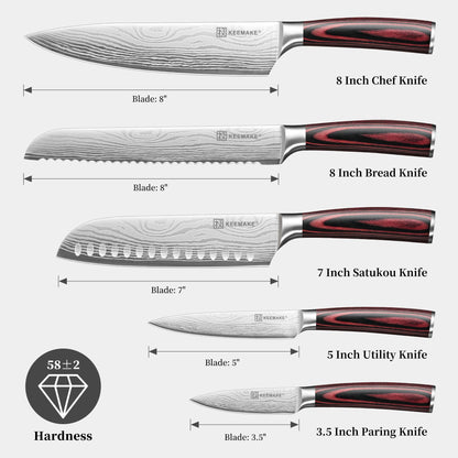 KEEMAKE Knife Set 5 Pieces, Professional Kitchen Knife Set, High Carbon Stainless Steel Chef Knife Set, Ultra Sharp Blade Knives Set for Kitchen with Ergonomic Pakkawood Handle & Gift Box