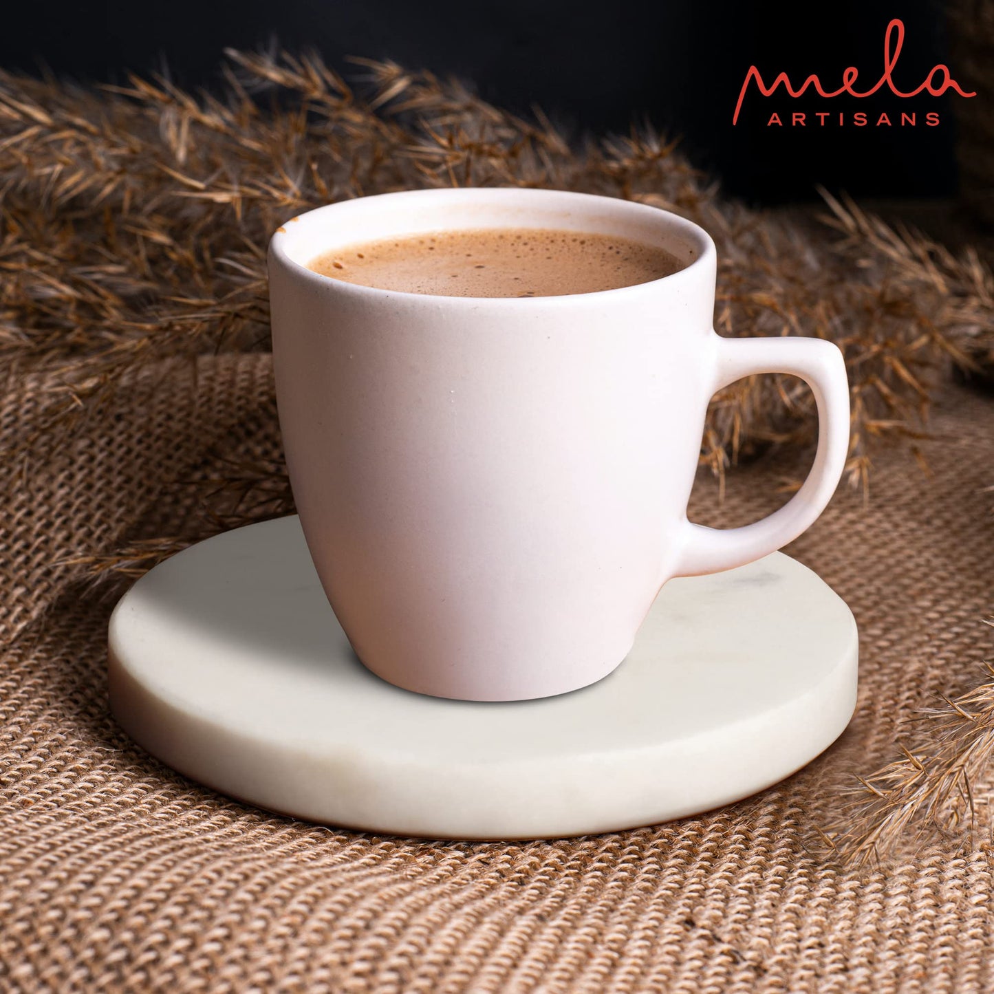 Mela Artisans White Marble Coasters Set of 4 – Round Stone Coasters for Drinks – Elegant White Coffee Table Decor – Handcrafted Natural Marble Cup Mat for Wine, Water & Beer