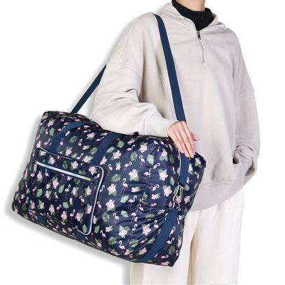 Arxus Large Foldable Duffel Tote Carry on Weekend Overnight Travel Bag Over Luggage with Shoulder Strap (Blue Flamingo)