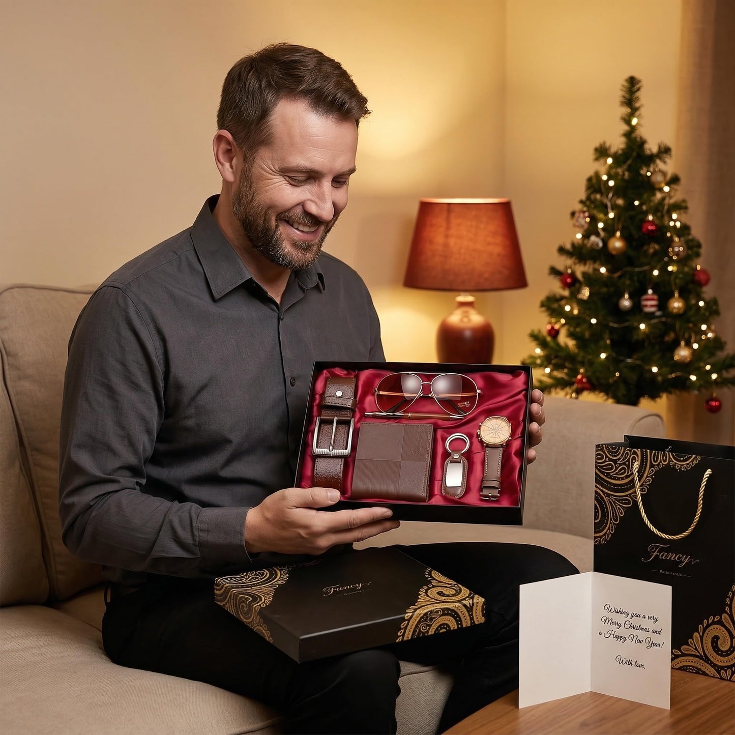 CXLZENGH Premium 6-Piece Men’s Gift Set — Belt, Wallet, Watch, Sunglasses, Keyring and Pen — A luxurious birthday/Christmas gift for dad, husband or boyfriendCoffee Brown
