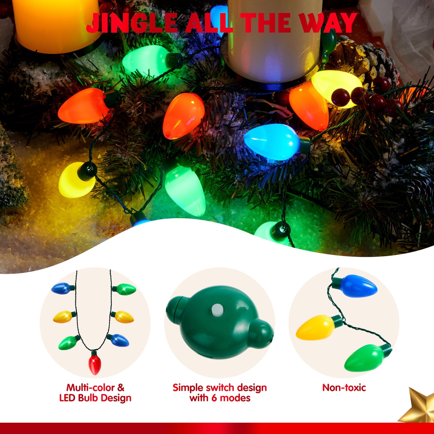JOYIN 1 Pack Christmas Necklace LED Light Up Necklace 9 Bulbs 6 Modes LED Holiday Costume Accessories for Christmas Xmas Party Favor Party Supply