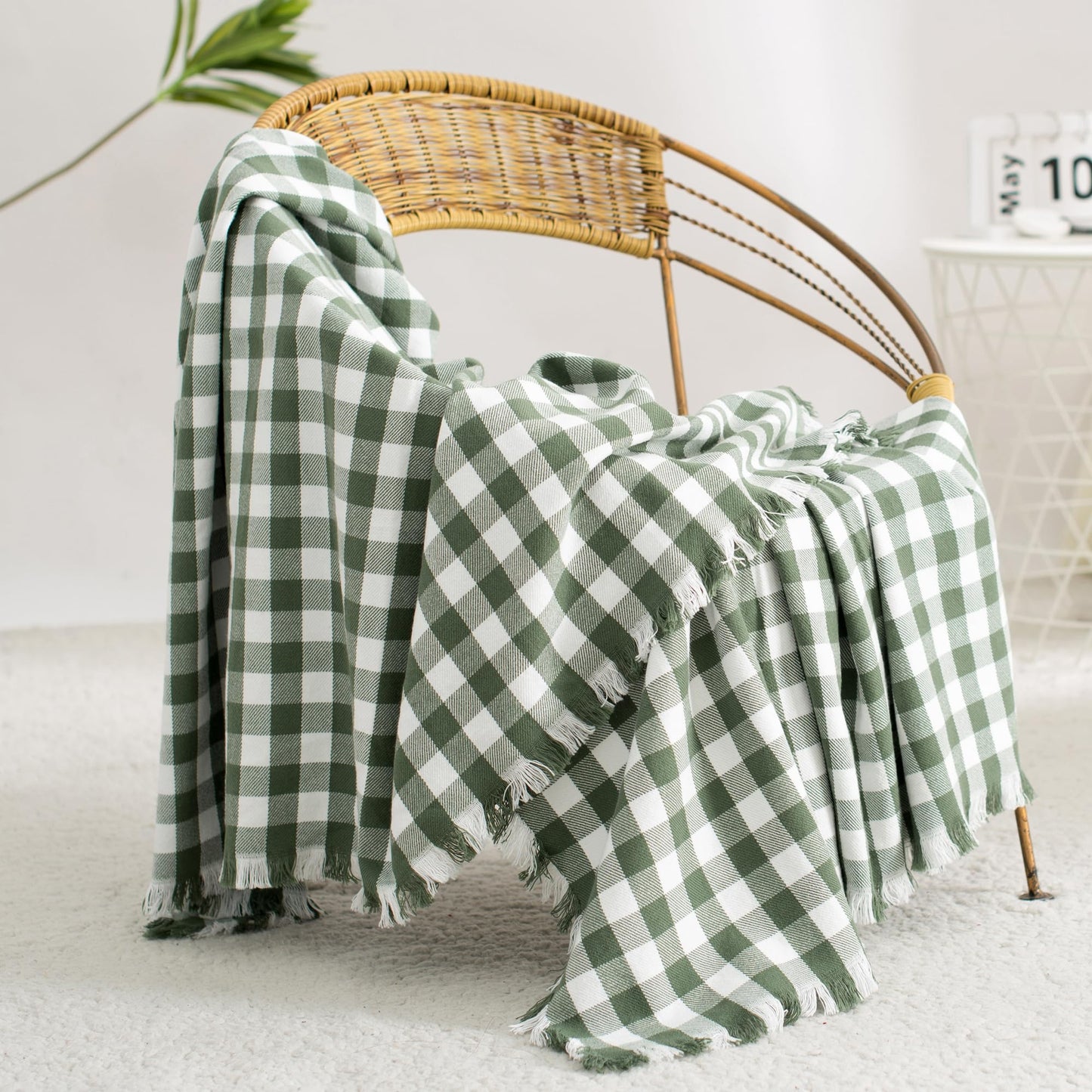 CloudDwelling 100% Cotton Throw Blanket Plaid Soft Lightweight Cozy Farmhouse Tassels Summer Thin Breathable Throws for Couch Sofa Bed (50" × 60" Green)