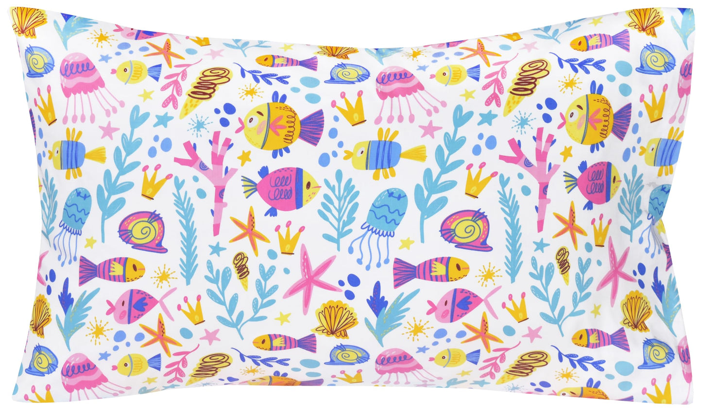 Scientific Sleep Pink Sea Ocean Fairy Tale Fish Jellfish Conch Coral Painting Childlike Twin Bed Sheet Set 100% Cotton Flat Sheet & Fitted Sheet & Pillowcase Natural Bedding Set for Kids Girls