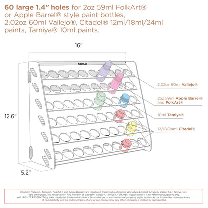 Plydolex Acrylic Paint Organizer - 60 Paint Bottle Holes Compatible with Citadel Bottles - for Wall Mounting and for Desk Use - Suitable for DnD, Warhammer 40K, Pathfinder and Other Miniatures
