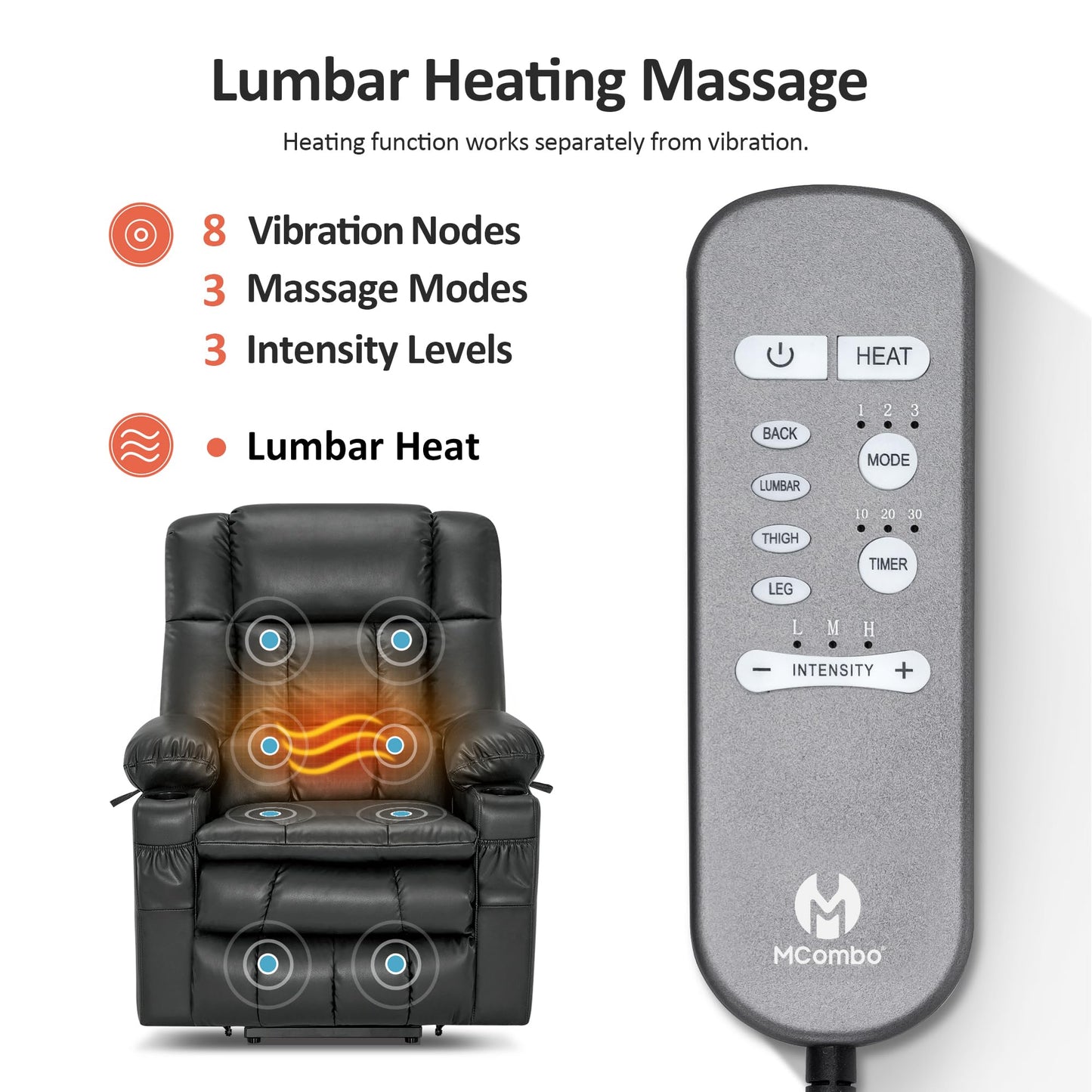 MCombo Dual Motor Power Lift Recliner Chair for Elderly, Lay Flat Lift Chair with Heat and Massage, Cup Holders, USB Ports, Faux Leather 7890 (Grey, Medium)
