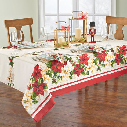 Elrene Home Fashions Red and White Poinsettia Holiday Wrinkle Resistant Fabric Tablecloth, 60" x 144" Rectangle, Multi