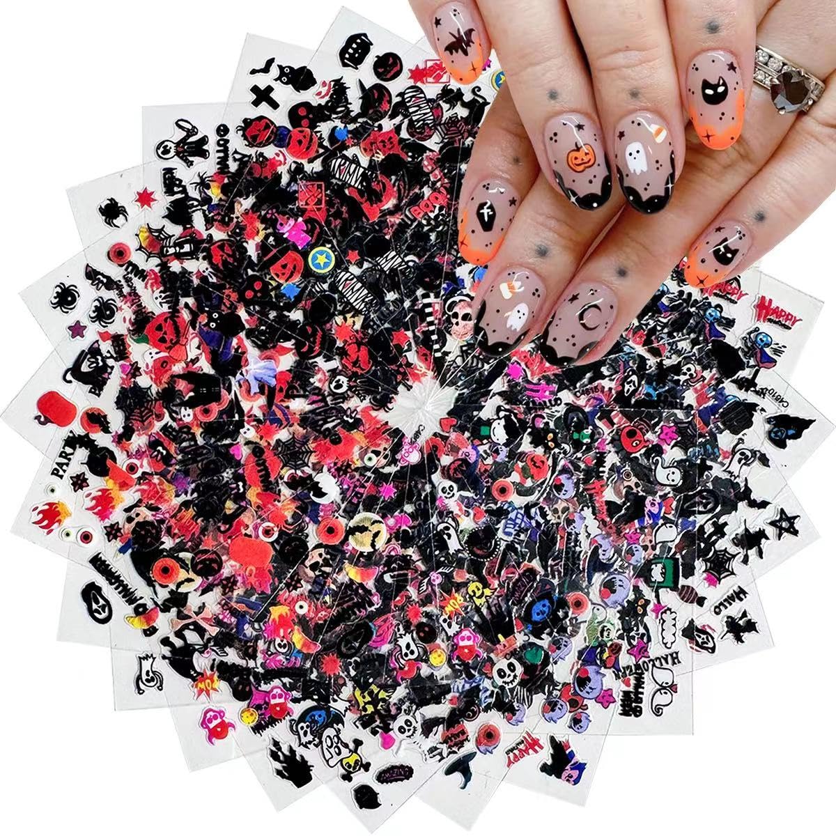 24 Sheets Halloween Nail Stickers Pumpkin Ghost Face Nail Decals 3D Self-Adhesive Nail Supplies Spider Web Cat Bat Nail Art Stickers for Acrylic Nails for Women Kids DIY Manicure Decorations