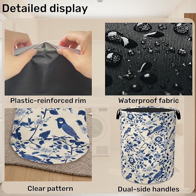 Navy Blue Beige Birds Laundry Basket