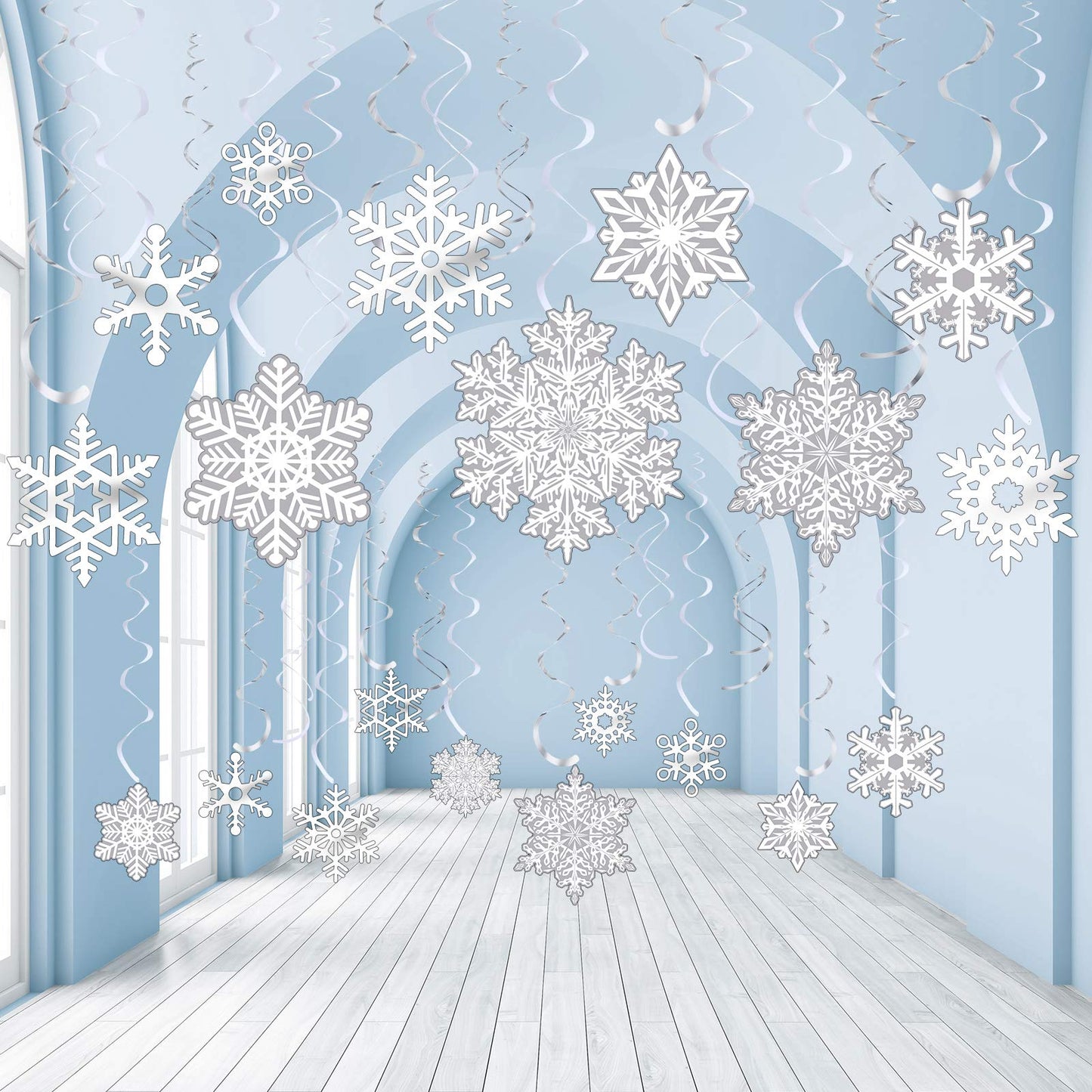Sumind 30 Pcs Winter Snowflake Decor Christmas Swirls Winter Party Wonderland Foil Hanging Ceiling Decor for New Year Christmas Holiday
