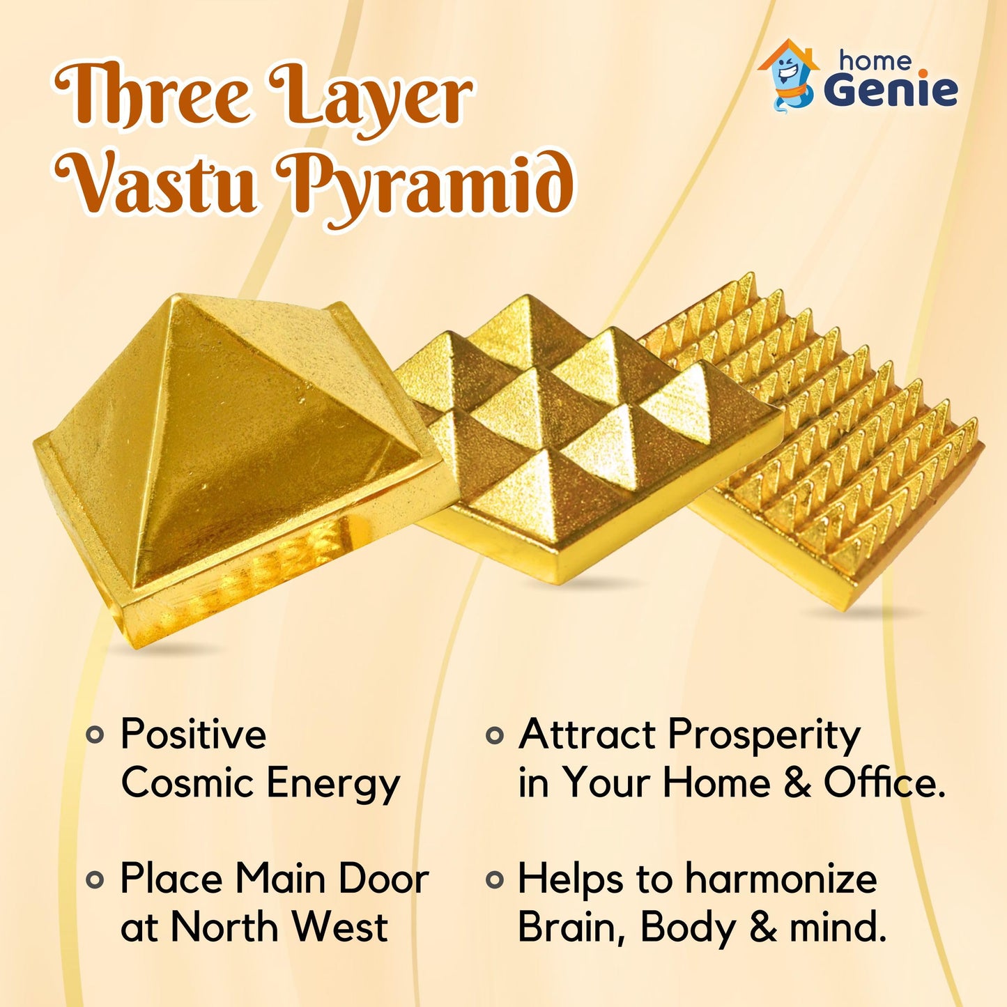 Home Genie 3 Layer Brass Pyramid for Vastu Correction, Positive Energy, and Home Décor – Handmade Spiritual Tool (3x3cm)