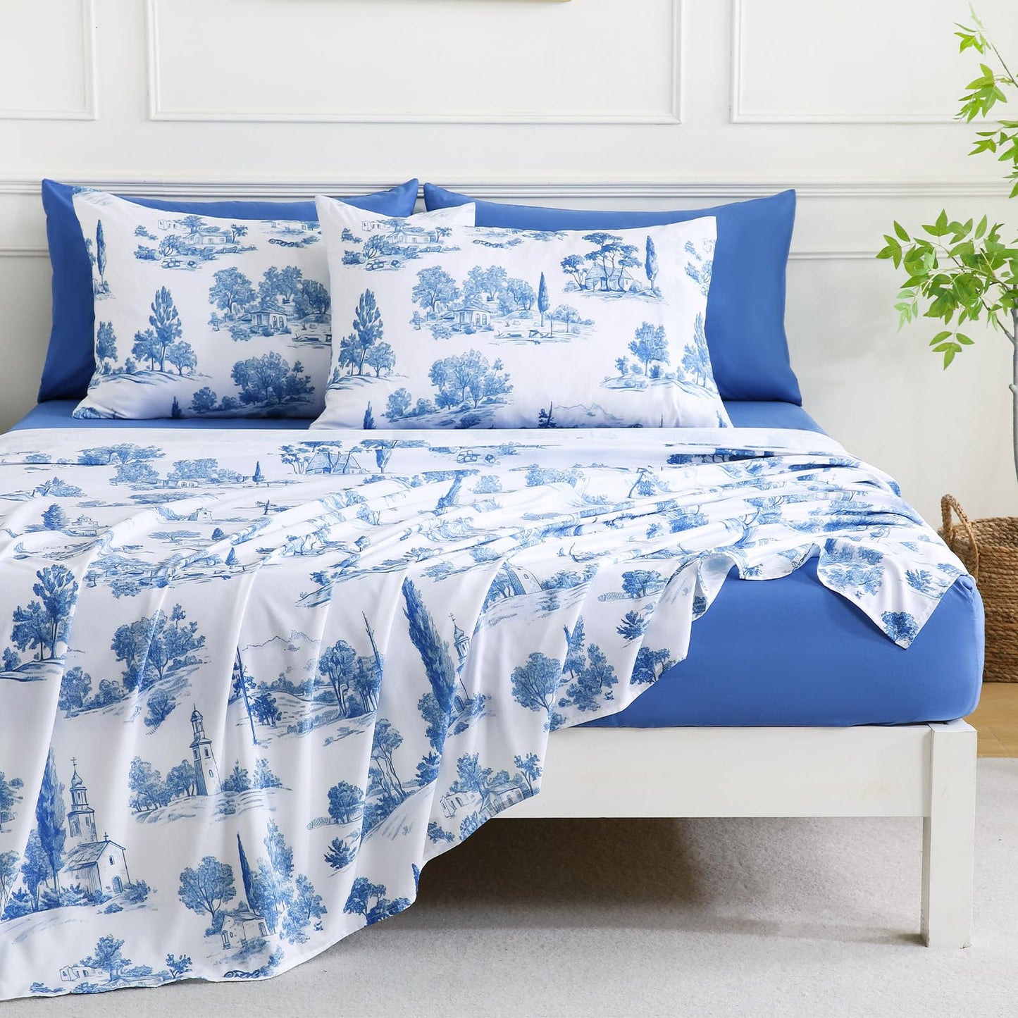 Botanical 6-Piece Full Size Sheets Set, Boho Floral Print Brushed Microfiber Sheets, Cooling Bed Sheet Set, Ultra Soft & Breathable, 16' Deep Pocket Fitted Sheet & Pillowcase Set, Blue Floral