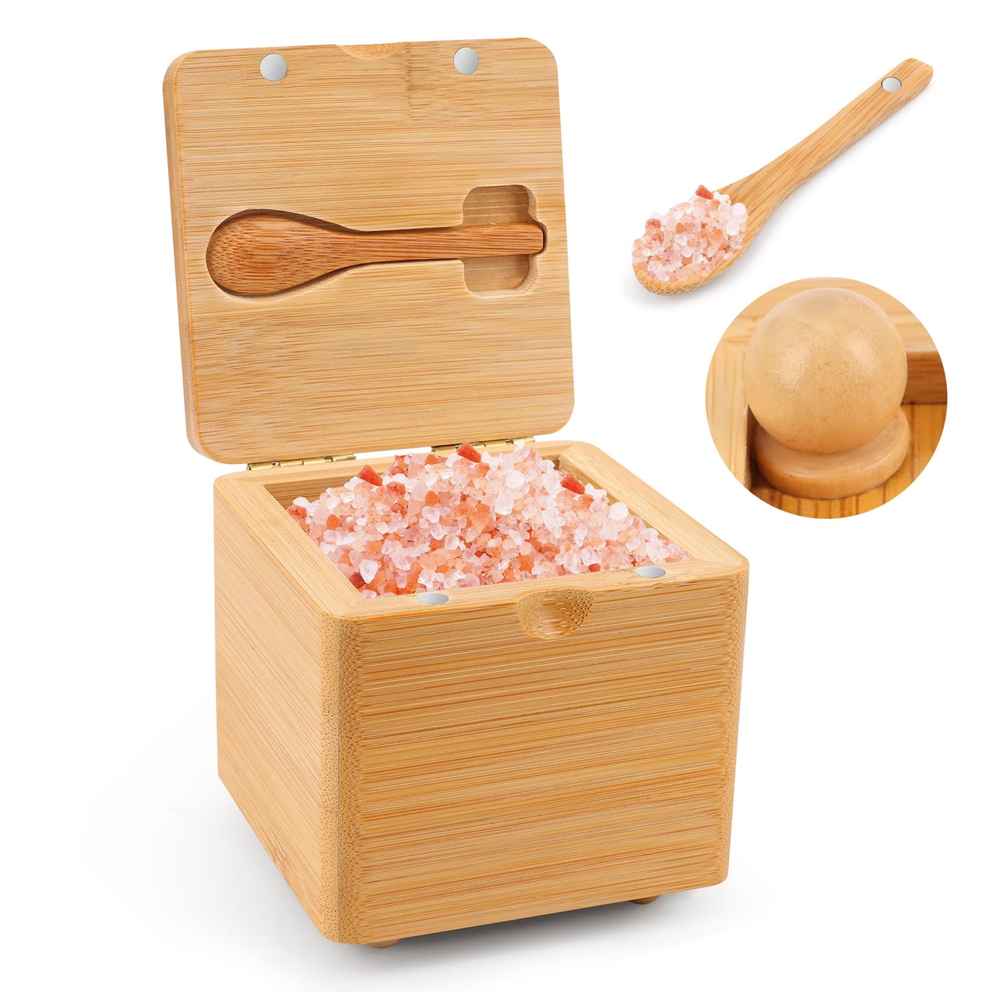 Luxiv Updated Bamboo Salt Cellar with Lid and Spoon, Bamboo Salt Box Wood Spice Box with Magnetic Lid for Pepper Spice Sea Salt Container Jar For Countertop with 4 Bases