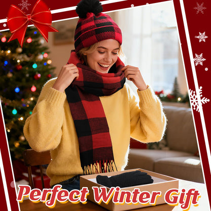 Cosweet Scarf and Gloves Set - Winter Knitted Warm Set, Plaid Scarf Winter Gloves Knitted Hat with Pompom Flurry Ball for Women Men Outdoor Sports Running Skiing Cycling Yoga Christmas Gift