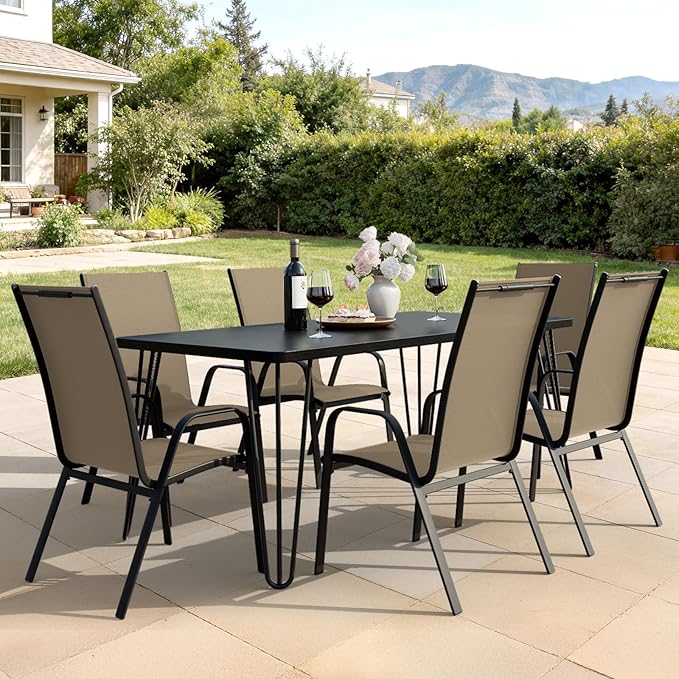 JEAREY Patio Dining Chairs Set of 6, Outdoor Stackable Dining Furniture Set, All Weather Dining Set for Lawn, Garden, Backyard, Poolside, Beige
