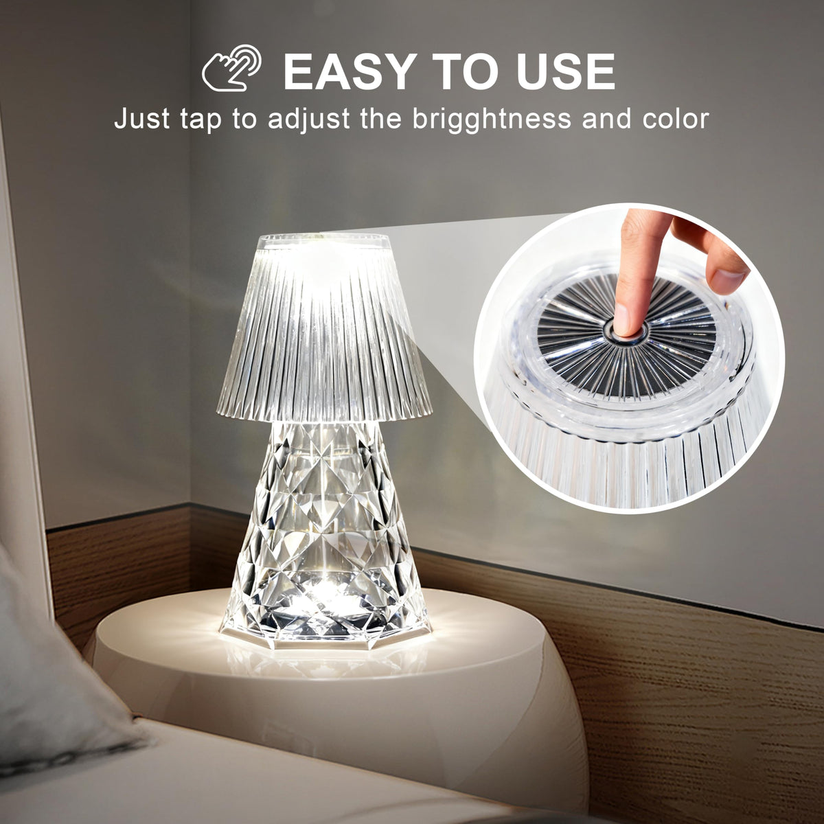 LOZNDA Waterproof Shower Lamp, Rechargeable Bathroom Lamp with RGB, Cordless Crystal Table Lamp, Dimmable Crystal Bedside Night Light for Bathroom Bedroom