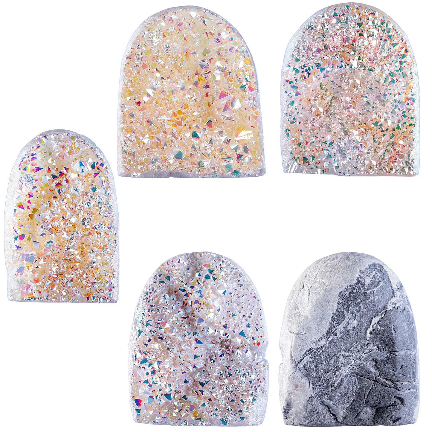 TUMBEELLUWA Angel Aura Quartz Crystal Cluster Geode, White Titanium Coated Crystals and Healing Stones for Home Decor, Meditation & Spiritual Growth