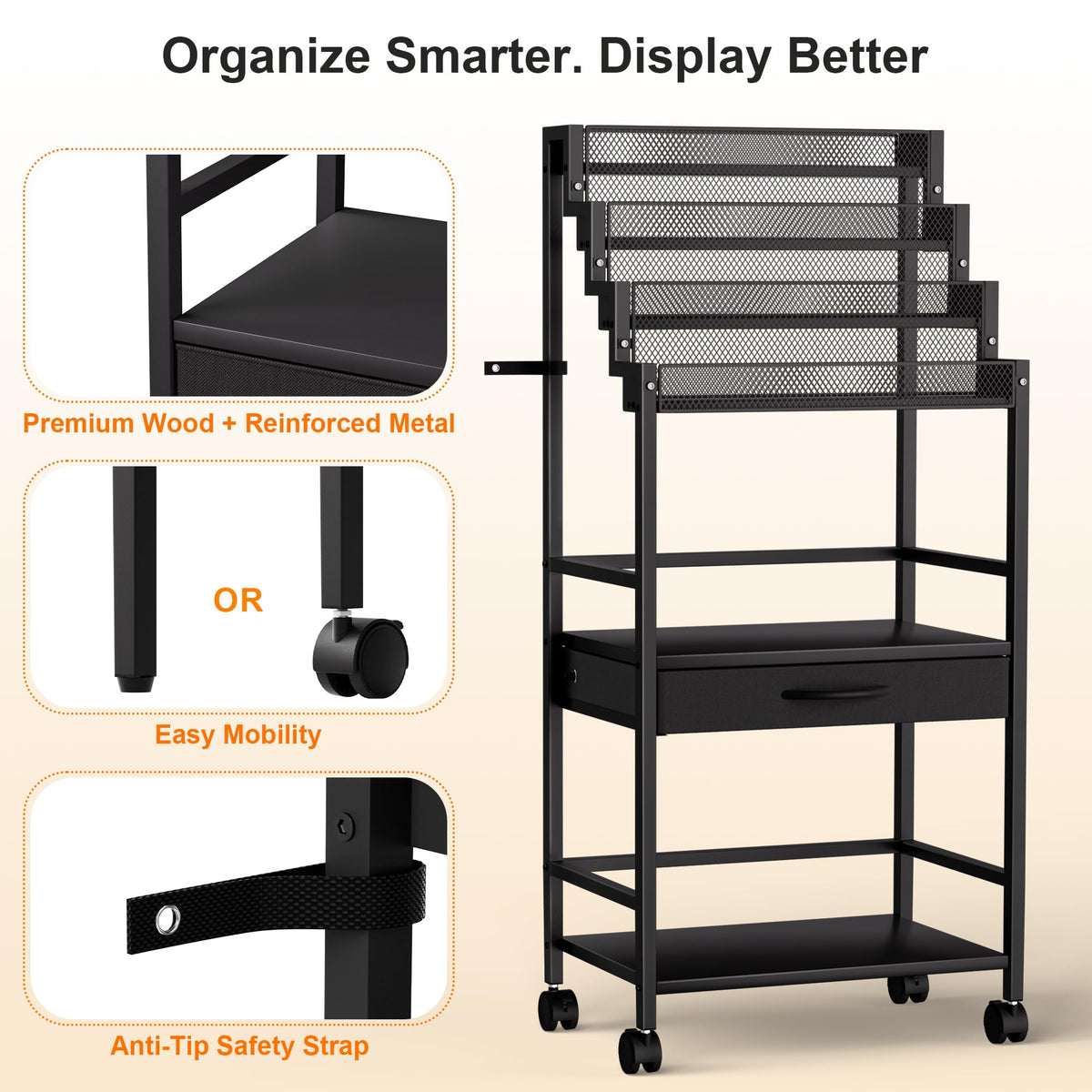 4-Tier Men's Cologne & Accessory Organizer with Drawer & Wheels, Sleek Industrial Wooden & Metal Perfume Display Rack for Cologne Bottles, Aftershave & Grooming Essentials, Multi-Functional Fragrance Storage Stand, Black