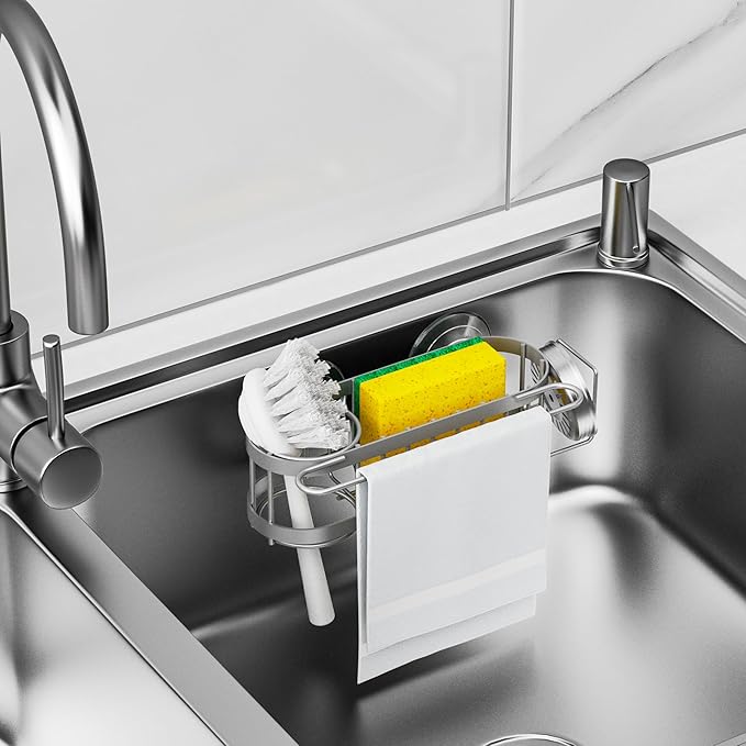 Cisily Grey Kitchen Sink Caddy Sponge Holder in the Sink, Stainless Steel