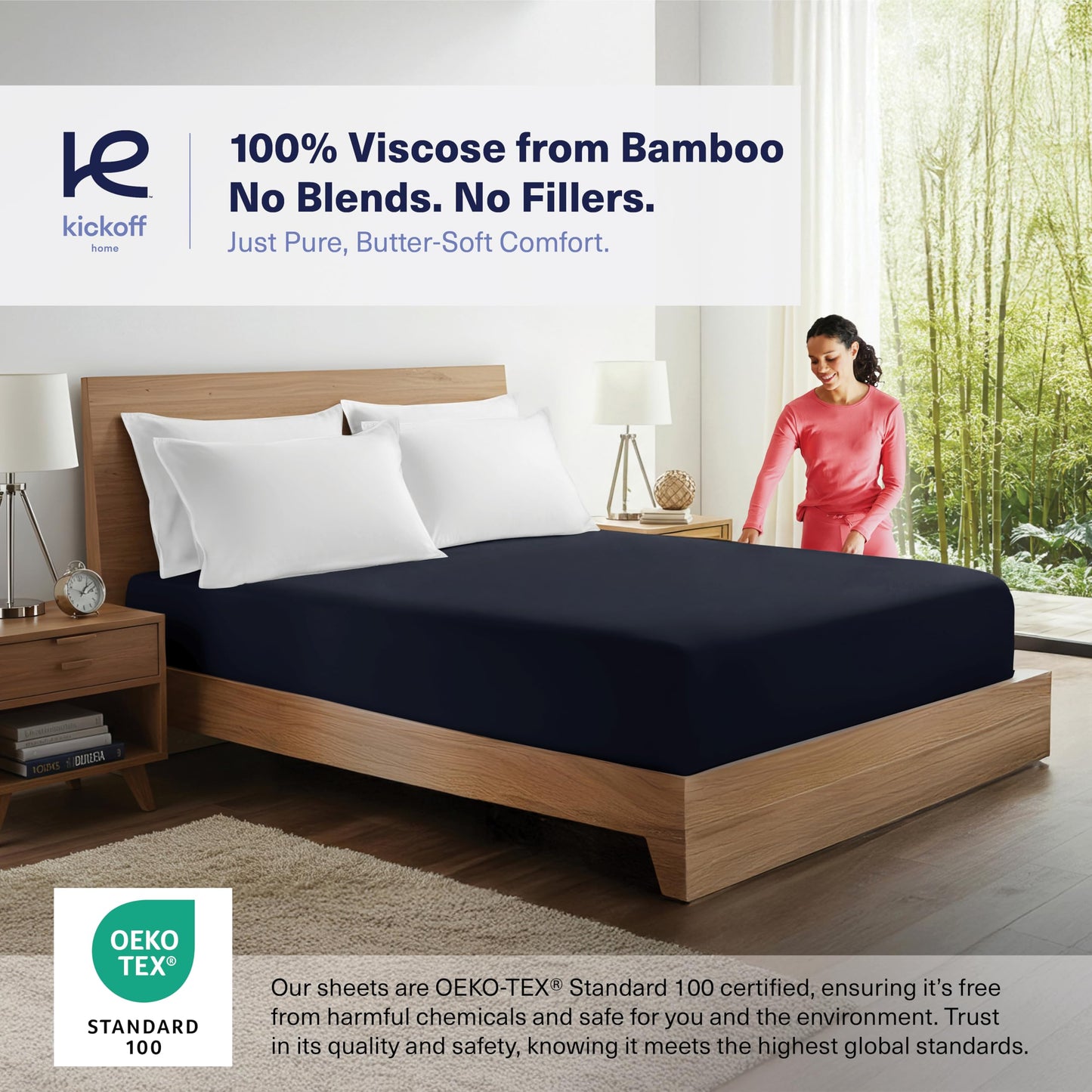 Kickoff Viscose Bamboo Fitted Sheet Queen Size, 100% Organic Cooling Sheets Fitted ONLY Viscose Bamboo Sheets Queen Size Bed Sheet for Hot Sleepers, Extra Deep Pocket, 4 Corner Strap (Q, Onyx Black)