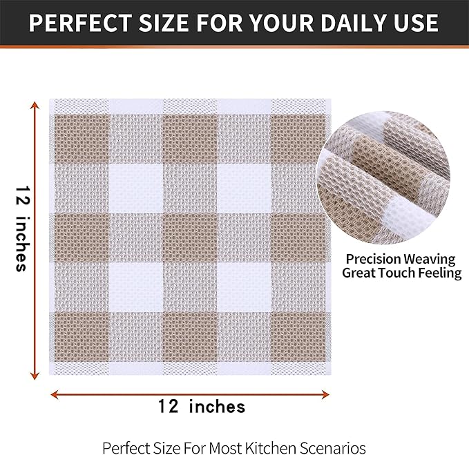 Homaxy 100% Cotton Waffle Weave Check Plaid Dish Cloths, 12 x 12 Inches