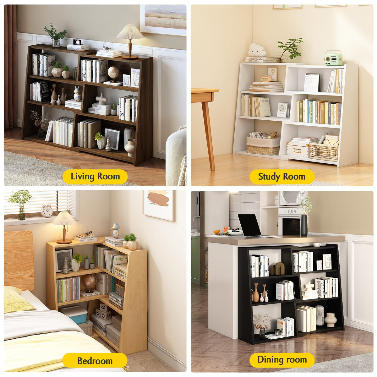 IOTXY Wooden Extendable Shelf Bookcase - 3-Tier Ladder Low Short Bookshelf for Small Space or Corner, White, L