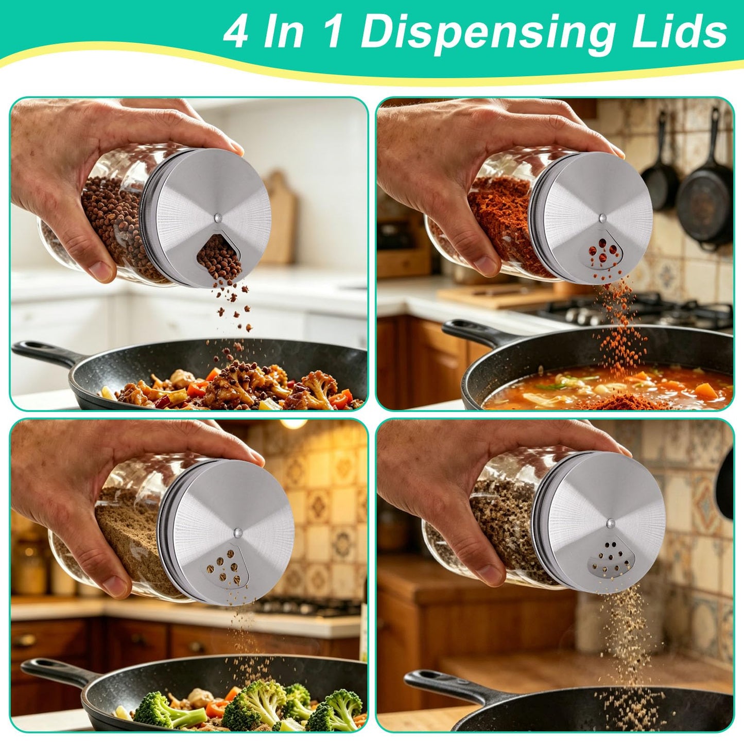 BENLIUDH Adjustable Mason Jar Spice Shaker Lids for Regular Mouth, 4 Pack Stainless Steel Seasoning Dispenser Lids with Shaker and Pour Options for Salt Sugar Seasoning Flour
