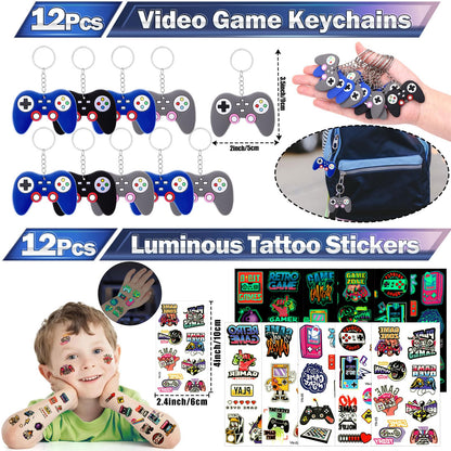 Mishopy 84Pcs Video Game Party Favors Birthday Supplies Kids Boys Invisible Ink Pen Notebook Silicone Bracelet Stamper Tattoo Sticker Gaming Toy Gift Bag Goodie Bag Stuffers Gamer Party Favors