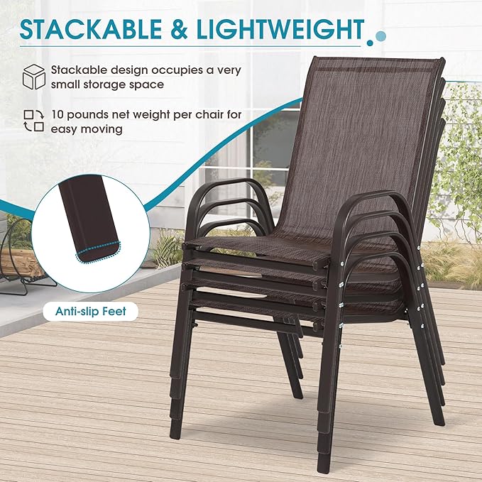 Outdoor Stackable Chairs Set of 4, Stacking Patio Chairs with Textilene Fabric, Outside Furniture for Garden Backyard Balconie Poolside Deck, Brown