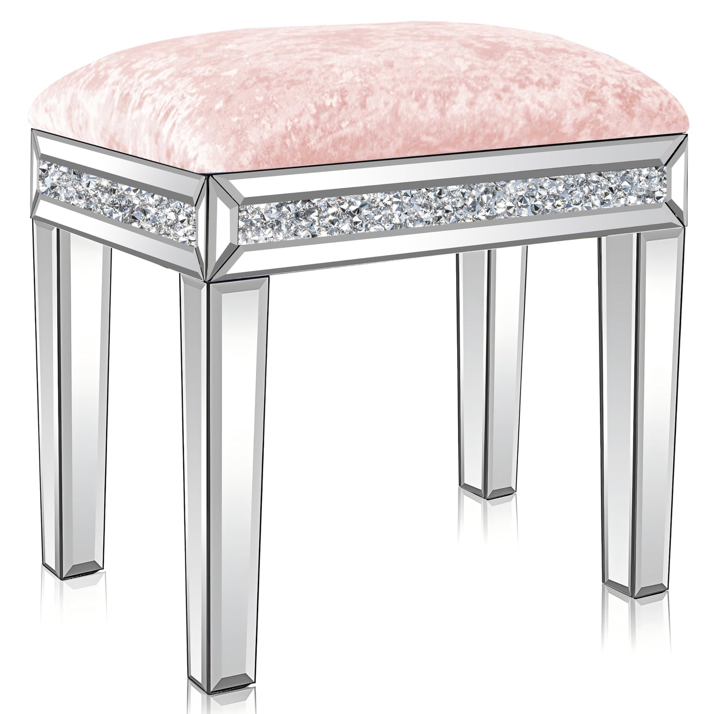 blingworld Mirrored Vanity Stool with Crushed Diamond Inlay Velvet Cushion 19.7'' Tall Stylish Makeup Chair for Bedroom, Vanity Chair, Ottoman for Living Room