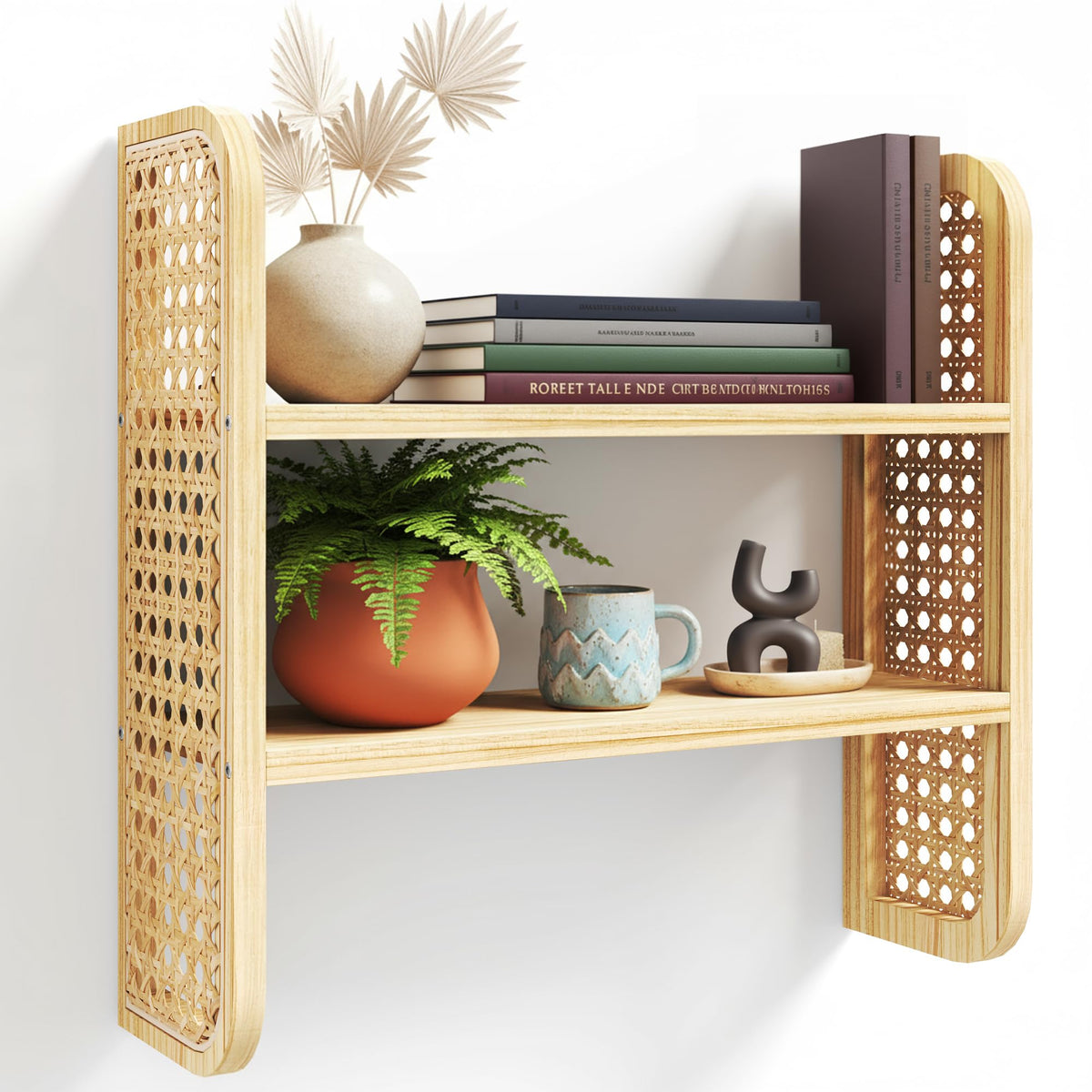 LUPWNEKA Natural 2-Tier Rattan Shelf - Wall Mounted Woven Boho Shelves, Handmade Rattan Display Shelf for Entryway, Nursery, Kitchen, Bathroom & Living Room