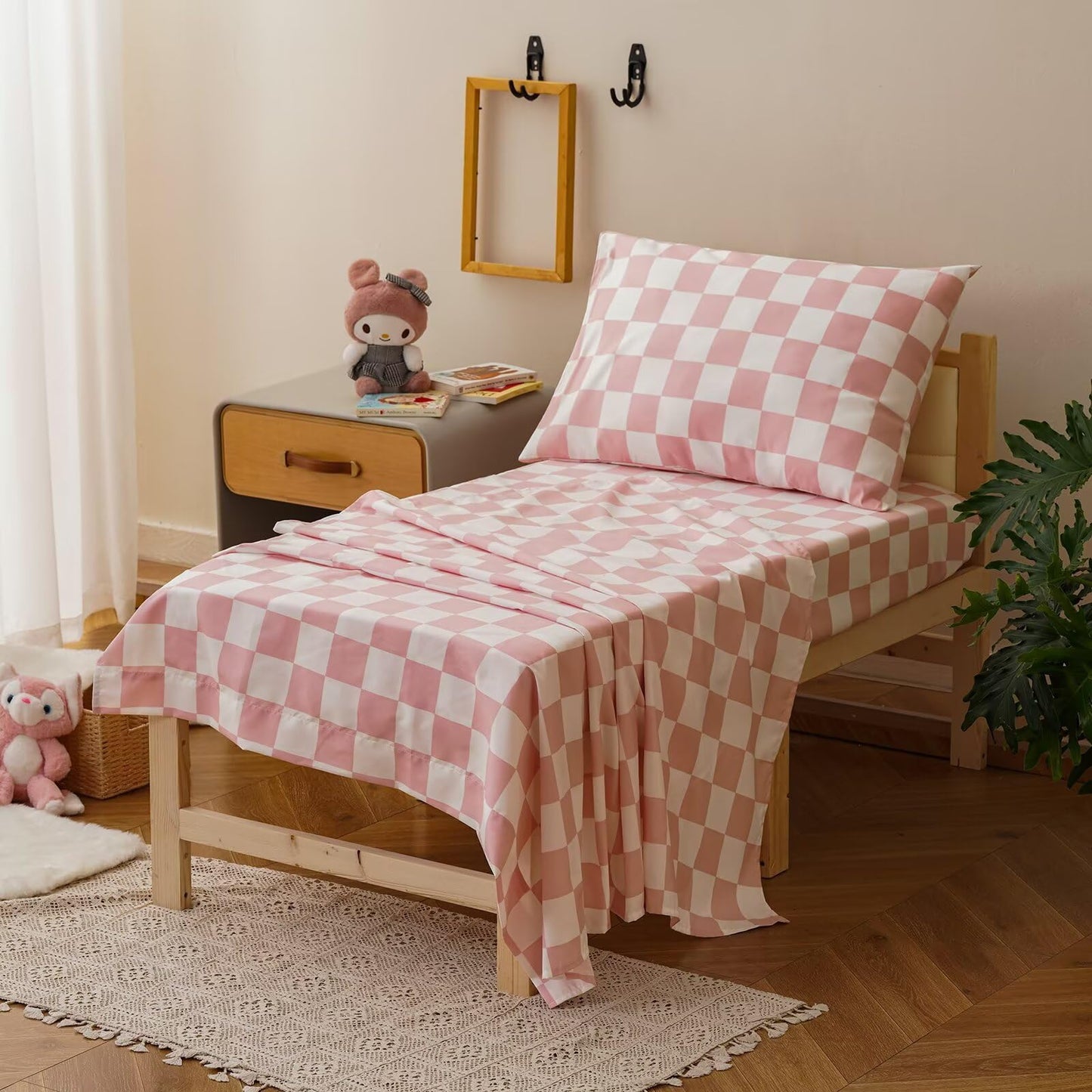 CLOTHKNOW Pink White Plaid Toddler Bedding Sets for Girls 4Pieces Grid Comforter Checkerboard Bedding Sets Soft Crib Bed Sets