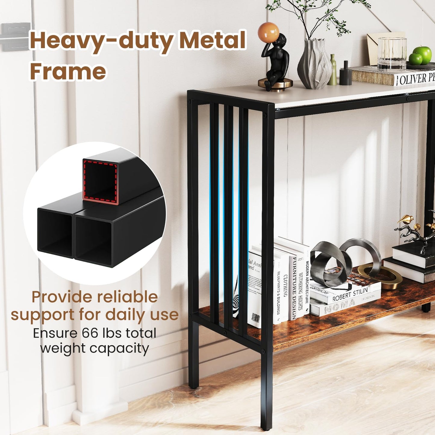 Giantex 36" Narrow Console Table, 2-Tier Industrial Entryway Table with Open Storage Shelves & Metal Frame, Faux Marble Sofa Table Behind Couch for Living Room, Hallway, Foyer, White & Rustic Brown