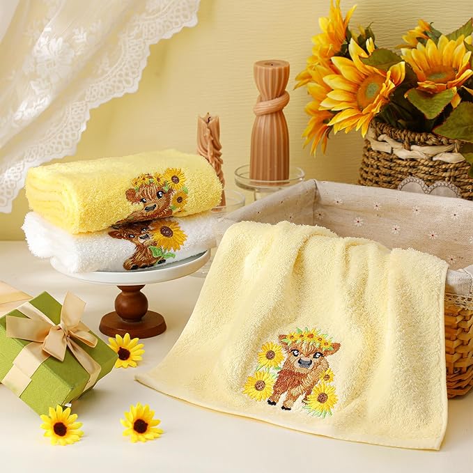 3 Pcs Sunflower Highland Cow Hand Towels Embroidered Highland Cow Farmhouse