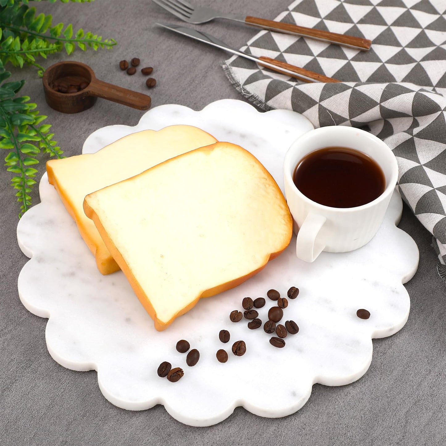 Newtay 12 Inches Marble Cutting Board Round Marble Tray White Scalloped Board with Non Slip Decorative Pastry Tray for Kitchen Pizza Cake Bread Baking Cheese Display
