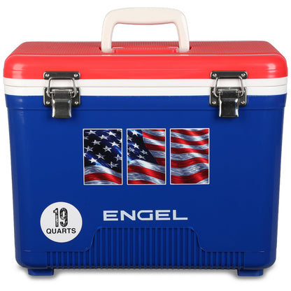 Engel UC19-RWB 19 Quart Fishing Live Bait Dry Box Ice Cooler with Stain/Odor-Resistant Surface and Shoulder Strap, USE Red, White and Blue with American Flag