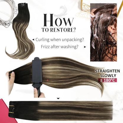 Moresoo Clip in Hair Extensions Real Human Hair Balayage Black to Brown with Caramel Blonde Double Wefted Clip in Human Hair Extensions Full Head 24 inch 7Pcs/120G #1B/3/27