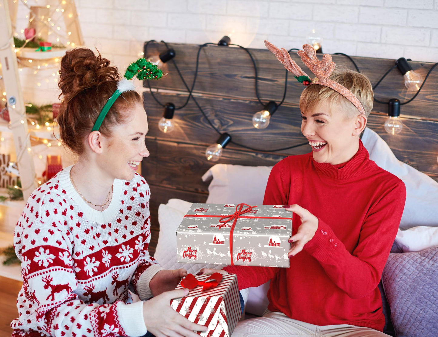 Cuitpan White Christmas Wrapping Paper Bundle for Kids Adults - Reindeer, Stripes, Woodlands, Snowflake, Red Truck Winter Scene Designs - 28 x 40 Inches, 6 Jumbo Sheets