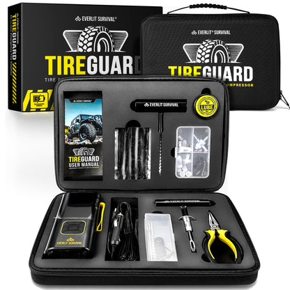 EVERLIT All-in-One Tire Repair Kit with Air Compressor – 150 PSI Portable Cordless Tire Inflator & Plug Kit – Flat Tire Emergency Roadside Kit for Car, SUV, Truck & Motorcycle Fast Repair & Inflation