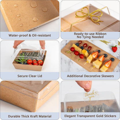 Gift-Ready Charcuterie Boxes with Clear Lids, Cake Slice Container, Bakery packaging, Food Gift Containers, Small Treat, 5"Dessert Boxes with Ready to use Ribbon and Bamboo Skewers-50 Count-BROWN